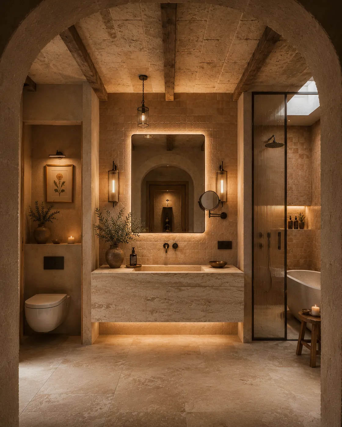 Full bathroom through the arch