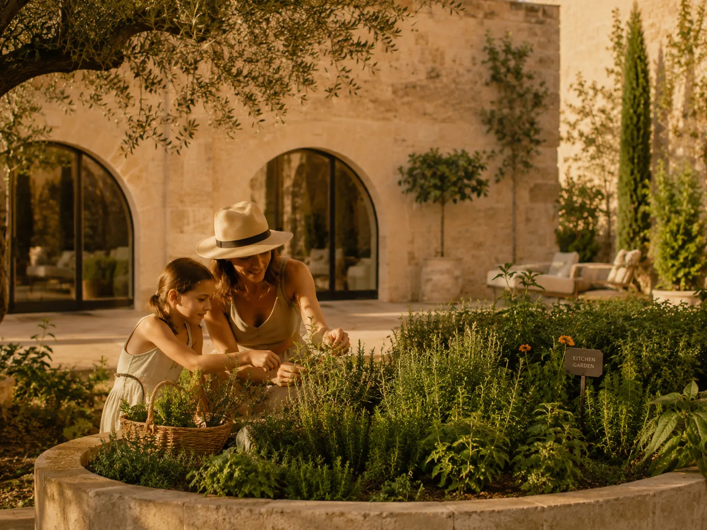 Mother and daughter picking herbs
