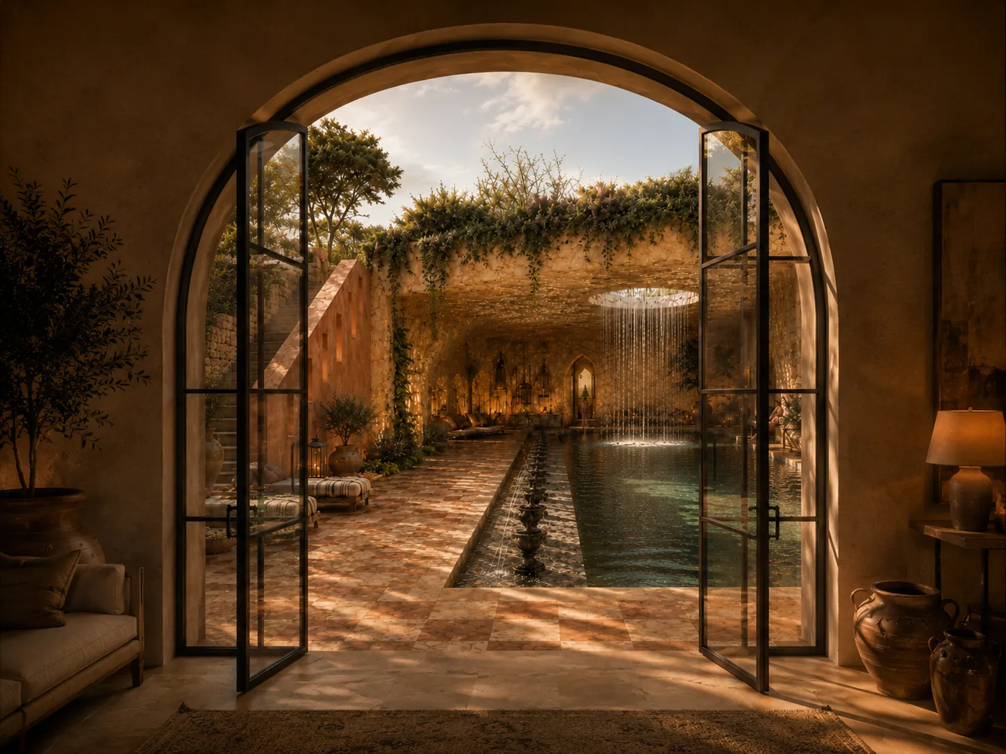 The pool courtyard at night