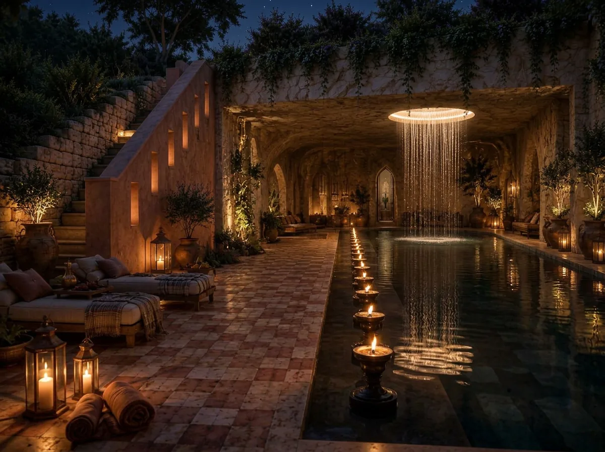 Pool courtyard by night