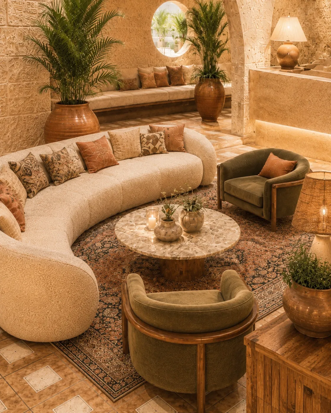 Curved sofa and marble table