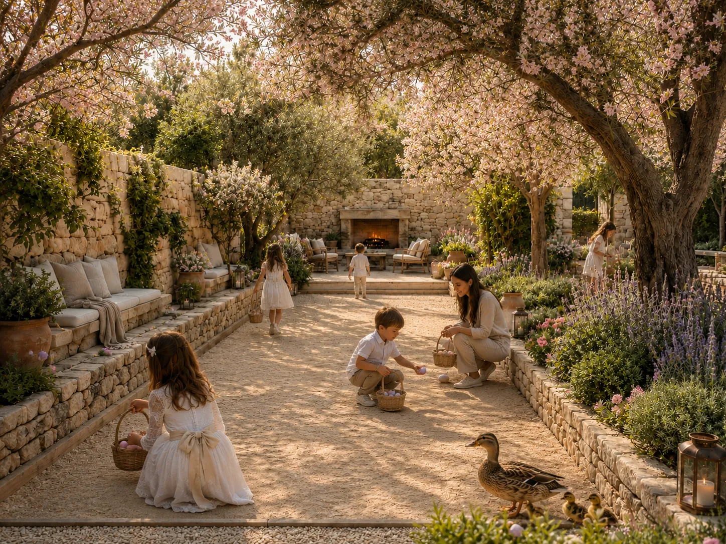 Children with baskets and ducklings in spring