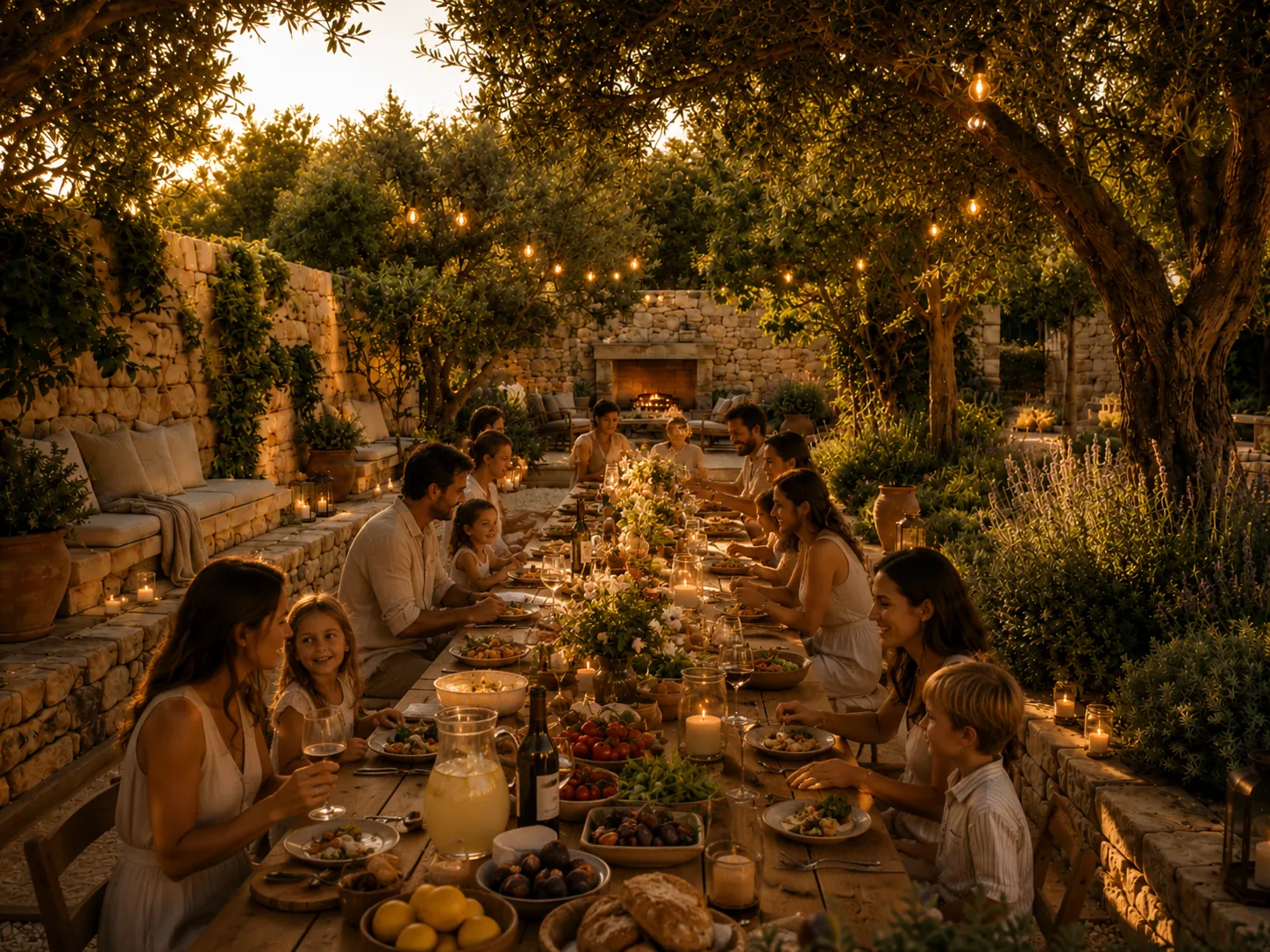 Long table under the olives in summer