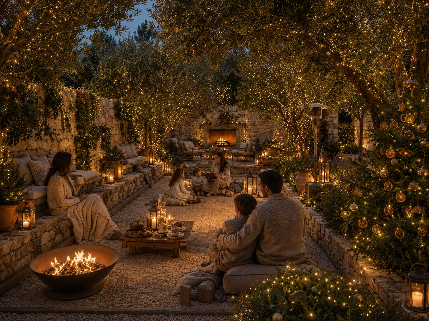 Firelight and lanterns in the winter garden